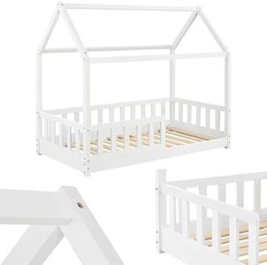 Juskys Cama Infantil Marli 80 x 160 cm con protección anticaída, somier y Techo - Cama casa de Madera Maciza para niños - Cama en Blanco