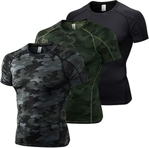 Men's Compression Shirts Short Sleeve Workout Gym T-Shirt Running Tops Cool Dry Sports Base Layer Athletic Undershirts, 3pcs# Black+c Black+c Green, Large