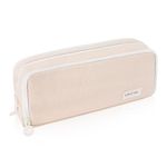 iSuperb 3 Compartments Pencil Case Pouch Big Capacity Pencil Holder Oxford Stationery Storage Cosmetic Makeup Bag for Women (Beige-)