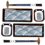 Artcome 8 Piece Japanese Style Ceramic Sushi Plate Dinnerware Set for Wedding Housewarming - 2 Sushi Plates, 2 Sauce Dishes, 2 Pairs of Chopsticks, 2 Chopsticks Holders