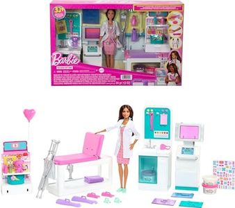 Barbie Fast Cast Clinic Playset, Brunette Barbie Doctor Doll (12-in/30.40-cm), 30+ Play Pieces, 4 Play Areas, Great Toy Gift for 3 Years Old & Up