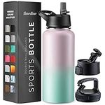 FineDine Triple Walled, Insulated Water Bottles with Straw - 32 Oz Stainless Steel Metal Bottle W/ 3 Leak Proof Lids - For Travel, School, Sports, Gym / Men, Women & Kids - Dreamy Pink-Green