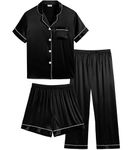 SWOMOG Kids Satin Pyjamas Sets Girls Boys Button-Down Pjs Short Sleeve Silk Nightwear 3 Pieces Lounge Sets Black