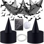 Halloween Witch Hats With Accessories – 16 Witches Hats, 48 Pieces 3d Bats, 1 Roll Hanging Rope, 1 Pack Spider Web, 1 Pack Halloween Creepy Cloth, Witch Hat Bulk, Floating Black Witch Hat Decor