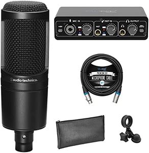 blucoil Audio Technica AT2020 Cardioid Condenser Microphone for Vocals, Musical Instruments, & Home Studio Recording Bundle Portable USB Audio Interface for Windows & Mac, and 10' XLR Cable