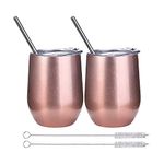 2 Pack Wine Tumbler with Lids, 12 oz Double Wall Vacuum Insulated Stainless Steel Stemless Wine Glass, Travel Coffee Mug Cup with 2 Straws 2 Brush for Wine, Drinks, Champagne, Cocktails (Rose Gold)