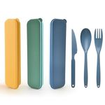 Large Travel Cutlery Set with Case, Portable Camping Knife Spoon and Fork Set, 3 Sets Reusable Plastic Utensils for Lunch Box, Picnic, Work or Daily Use (Yellow, Dark Blue, Dark Green)