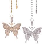 BENECREAT 2Pcs Alloy Rhinestone Butterfly Pendant Ceiling Fan Pull Chain Extenders with 304 Stainless Steel Ball Chain for Ceiling Light Lamp Fan Decorative, Platinum Light Gold