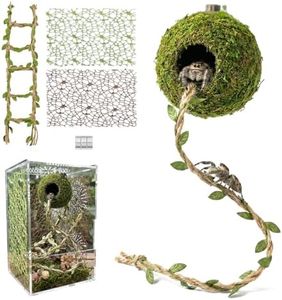 Magnetic Jumping Spider Hideout,Habitat Décor Kit - Handmade Moss Hideout with Climbing Rope,Hemp Rope Bridge,2Pcs Climbing Web& Loose Moss,Fun Enclosure Accessories for Climbing & Hiding (4.5cm)