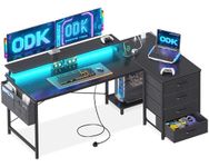 ODK L Shaped Gaming Desk with LED Lights & Power Outlets, 140x80cm Corner Computer Desk with Drawers, Reversible Gaming Table with Monitor Shelf & PC Stand, Black