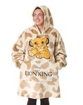Disney The Lion King Womens Wearable Blanket Hoodie | Adults Beige Hooded Pullover with Simba Character Embroidery and Animal All Over Print | Ladies One Size Sherpa Lined Loungewear with Pockets