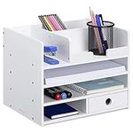 Navaris Bamboo Desk Organiser - Desktop Table Storage Drawers and Compartments for Organising Stationery, Documents, Files, Office Accessories - White