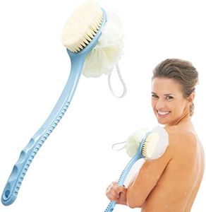 Bath Brush with Curved Long Handle Shower body brush with bristles and Sponge Loofahs,Back Scrubber Bath Mesh Sponge for Skin Exfoliating Bath, massage bristles (blue)