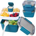 shopwithgreen 3 Pack 52 oz Leak-Proof Salad Containers for Lunch with Large Salad Bowl and 4-Compartment Bento-Style Tray for Toppings, Sauce Container for Dressings, Built-In Reusable Spork