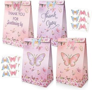 OundarM 24PCS Butterfly Paper Party Favor Gift Bags with Stickers Thank You for Fluttering by Treat Goodie Candy Storage Bags Bulk for Girls Kids Birthday Baby Shower Christmas Party Supplies