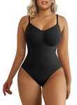 SHAPERX Bodysuit for Women Seamless Body Shaper Tummy Control Shapewear Thong Adjustable Strap, UK-SZ5215-Black-S/M