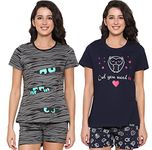 Real Basics Women's Cotton Printed Top and Shorts Set(RB-W-shortset-M-P2-greyOwl_Set3_Medium)