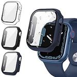 [3Pack] Tensea for Apple Watch Screen Protector Case Series 9 8 7 45mm, iWatch Protective Face Cover, Tempered Glass Film Hard PC Bumper for Women Men, Ultra-Thin Guard (45 mm, Clear/Black/Blue)