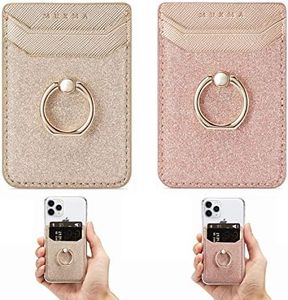 DMaos Card Holder Sleeve with Kickstand Ring for Women, 2 Pieces RFID Credit Wallet Glitter Stick On Back Grip for iPhone Samsung Smartphone - Pink + Gold