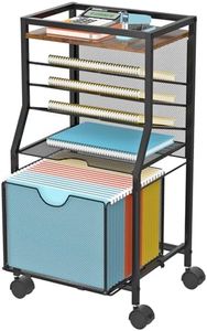 BOHDK Rolling File Cart, 6-Tier Under Desk Organizer on Lockable Wheels, Brown Wood Planks & Mesh File Cart with Sliding Drawer and Paper Trays for Office Home School, 14.8" L x 11.8" D x 27.7" H