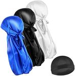 Sibba 4PCS Silky Durag Long Tailed Turban Headwear, Elastic Durags Soft Breathable Stocking Wave Hair Caps for Men Women Running Fitness Cycling Hiking Camping