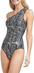 Calvin Klein Standard Shoulder Strap Starburst Pleating Removable Soft Cups One Piece Swimsuit, Black Basket Multi, 14