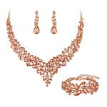 BriLove Bridal Jewellery Set for Wedding Women Rhinestone Crystal Teardrop Cluster Statement Necklace Dangle Earrings Link Bracelet Set Peach Rose-Gold-Toned