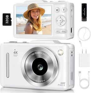 Digital Camera 4K Autofocus Vlogging Camera for Photography with 16X Zoom Anti Shake, 32GB Card, 48MP Compact Portable Point and Shoot Camera for Kids Boys Girls Teens Beginner(White)