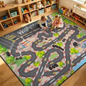 GRAMBET Kids Car Rug Play Mat, 8x10 ft Race Track Road Rug