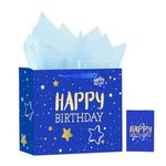 Usmilegift 13" Happy Birthday Gift Bag with Tissue Paper and Card (Foil Dots), Large Blue Gift Bags for Men Women Baby Shower Kids Birthday Party, 13"*10.2"*4.7"-1 Pcs