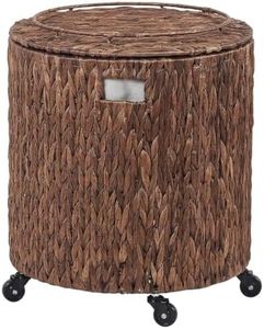 Large Round Water Hyacinth Storage Basket, Rolling Hamper with Wheels and Lid, Bohemian Wicker Laundry Bin, 15.7 x 15.7