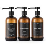 Janxin Shampoo and Conditioner Dispenser Set of 3,Refillable 21oz Shampoo Bottles with Non-Slip Protective Silicone Pad,Shower Soap Dispenser with Waterproof Labels for Bathroom (Amber)