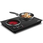 CUSIMAX Double Burner, 1800W Ceramic Electric Hot Plate for Cooking, Dual Control Infrared Cooktop, Portable Countertop Burner, Glass Plate Electric Cooktop, Stainless Steel Black