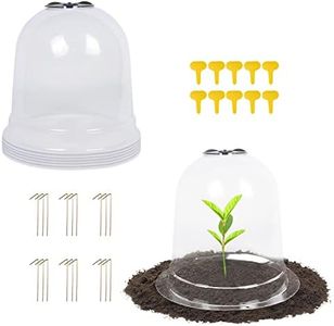 MorTime 6 Pack Garden Cloche Plant Dome, 7.3" D x 6.9" H Plastic Plant Bell Cover Reusable Mini Greenhouse with 18 Ground Securing Pegs & 10 Plant Labels for Outdoors Frost Freeze Protection