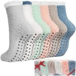 Fluffy Slipper Socks Womens 6 Pairs, Non Slip Bed Warm Socks with Grips, Thick Winter Socks for Women and Girls, Cosy Soft Fuzzy Socks for Causal Home Sleeping