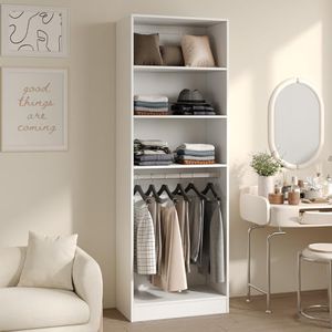 VOWNER Closet Organizer System with Rod & 3 Shelves, Small Closet Wardrobe | Wood Closet Organizer, Freestanding Walk-in Closet System Modular Wardrobe Storage Unit Closet Tower 25"L x 15" W x 78.7"H