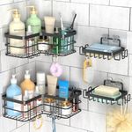 Yazoni Conner Shower Caddy 4-Pack, Adhesive Shower Shelves with Soap Holder No Drilling, Rustproof Stainless Steel Bathroom Shower Organizer Wall Mounted, Large Capacity Shower Shelf (Black), (SR02)