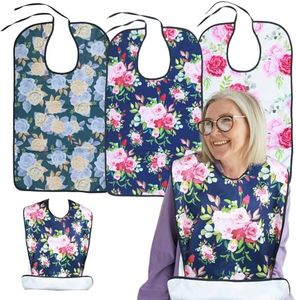 Exmagous Adult Bibs for Eating Pack of 3 - Reusable Bibs for Adult Women, Clothing Protector with Crumb Catcher, Waterproof & Machine Washable Large Bids for Elderly Seniors Gifts for Women/Mom