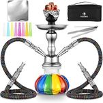 2 Hose Hookah Set 11'' Small Shisha Hookah Set With Mini Pumpkin Glass Vase, Ceramic Bowl, Leather Hose, Coal Tong, Hookah Foil, Disposable Tips (rainbow)