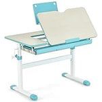 Costzon Kids Desk, Ergonomic Height-Adjustable Children Study Table w/Tiltable Desktop & Book Stand, Pull-Out Storage Drawer & Scale Ruler, Student Workstation for Writing, Drawing, Reading (Blue)