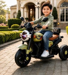 Kawaii Kids 6V Battery YAHAHA Bike rideon | Music, LED Lights | Manual Control | Battery-Operated Ride-On Bike with Backrest for Boys & Girls Aged 1-5 Years (Yamaha, Olive Green)