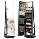 RELAX4LIFE 360° Swivel Jewellery Cabinet, Lockable Jewelry Armoire with Full-Length Mirror & 3-Color LED Lights, Freestanding Cosmetic Storage Organizer for Living Room Dressing Room (Black)