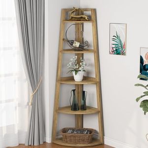 Tribesigns 70 inch Tall Corner Shelf, 5 Tier Modern Corner Bookshelf Bookcase Industrial Corner Ladder Shelf Plant Stand for Living Room, Kitchen, Home Office (Light Brown)