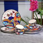 Freakway Hut Family Hand-Painted Glossy Dinner Set Ceramic Stoneware Dinner Set Of 12 Pieces | 6 Dinner Plate 10.3 Inch & 6 Serving Bowls 180 Ml | Dishwasher & Microwave Safe - Multicolor, Solid