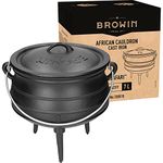 Browin 330510 African Cauldron - Safari 7 L | Cast Iron | Deep Camping Pot with Lid, Lid Lifter and Feed | For Outdoor Cooking, Black