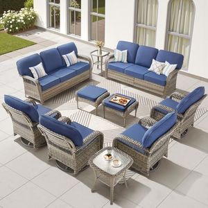 Buenhomino 10 Pieces Outdoor Patio Furniture Set, Outdoor Wicker 3 Seater Sofa with Swivel Rocker Patio Chairs Set of 4 and 2 Ottomans, Comfy Patio Conversation Set for Deck Porch Backyard, Blue