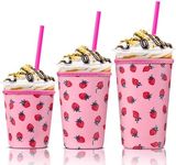 Iced Coffee Cup Sleeve for Large Sized Cups, Reusable Neoprene Iced Coffee Cup Holder for Hot Cold Drinks, Compatible with Starbucks, Dunkin Donuts, and More (Pink Strawberry)