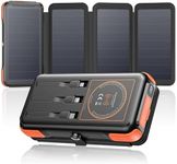 SOARAISE Solar Charger 25000mAh Wireless Portable Charger, 20W Fast Charging Power Bank with Built-in 3 Cables, PD QC 3.0 Phone Battery Pack with 4 Solar Panels & Flashlights for Outdoor Camping