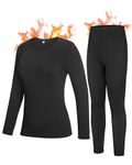 Roadbox Thermal Underwear for Women Ultra Soft Base Layer Microfleece Lined Long Johns Top & Bottom Set Cold Weather Skiing Black