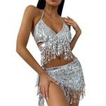 Rave Outfits for Women 3 Piece Bikini Set Tassels Skirt Metallic Swimsuit Holographic Halter Backless Bra Top Bathing Suit for Festival Disco Dance Clubwear Halloween Themed Party Costume Silver M